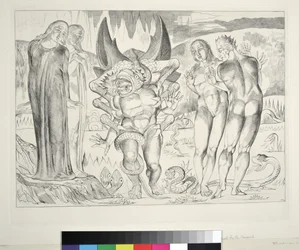 Der Kreis der Diebe: Agnolo Brunelleschi von einer sechsfingrigen Schlange angegriffen, Inferno, Canto XXV, Illustration zur 